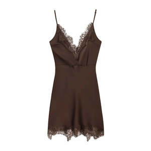Robe Fond De Robe Satin Femmes Col En V Bordure Dentelle Bretelles Réglables Café Marron Midi