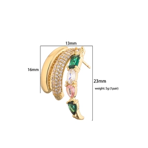 Three-layer C-shape gold earrings with colorful zircon stones and size specifications