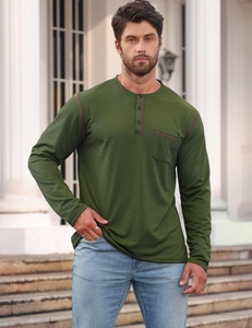 Close-up of military green Henley shirt with three buttons and chest pocket detail