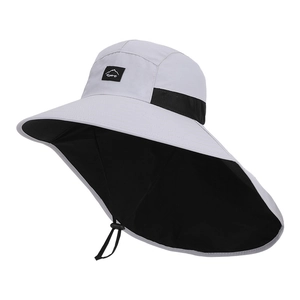 Waterproof outdoor sun hat with wide brim, neck flap and adjustable chin strap in grey