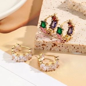 Chic gold-plated C-shaped hoop earrings with colorful and white rectangular zircons