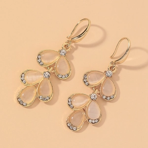 Cat Eye Stone Leaf Dangle Hook Earrings Alloy Gold Plated Rhinestone Accents Elegant Jewelry For Women Fashion Niche
