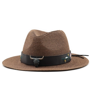 Cappello Panama in paglia marrone con cinturino in pelle e decorazione testa di bue
