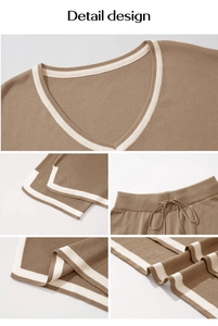 Detail view of tan knit set with V-neck, white stripes, and drawstring waistband texture