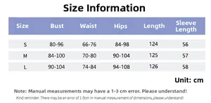 Detailed size chart for lace flare sleeve dress with measurements in cm for S, M, and L