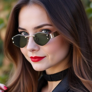 Detail of rimless green geometric sunglasses with gold metal bridge and rivet accents