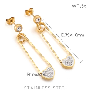 Boucles d'oreilles cœur en épingle de nourrice dorée avec strass en acier inoxydable