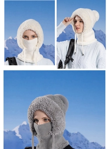 Three-in-one winter knit hat with neck warmer and faux fur lining for outdoor warmth