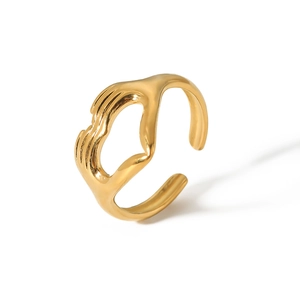 Minimalist gold plated stainless steel open ring featuring a unique hugging hands design