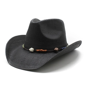 Classic black woven cowboy hat with ethnic beaded band and upturned brim for outdoor wear