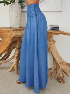 Pantalones anchos azules de cintura alta para mujer con cinturilla elástica plisada suave