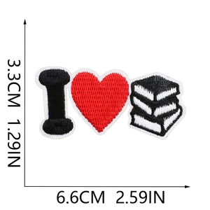 Close-up of I Love Books embroidery patch showing dimensions 6.6cm by 3.3cm on white backdrop