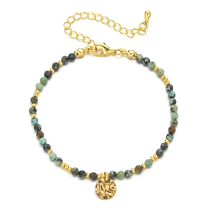 Detail of colorful natural stone beaded bracelet with golden beads and adjustable chain