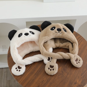 Bonnets en peluche panda et ours avec cache-oreilles en fausse fourrure douce beige et marron