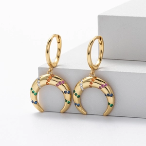 Elegant gold S925 sterling silver hoop earrings with colorful zircon crescent charms