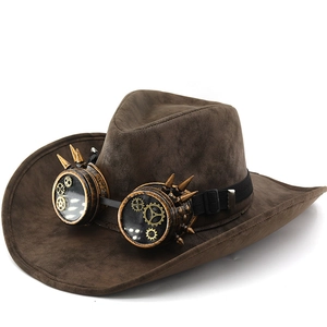 Steampunk Cowboy Hat Faux Suede Western Hat With Gear Spike Goggles For Cosplay Party Men Women Vintage Style