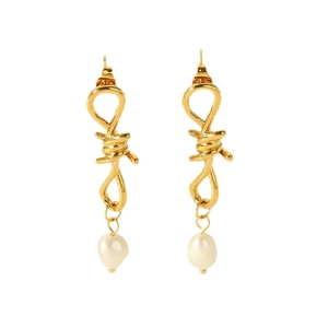 Exaggerated bow-shaped 18k gold earrings with dangling freshwater pearls for women
