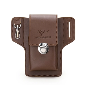 Vintage brown faux leather phone holster with metal latch and belt clip for men