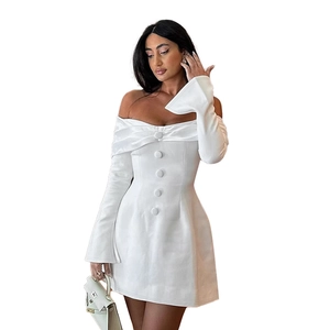 Elegant white off-shoulder long sleeve mini dress with ruched detail and buttons