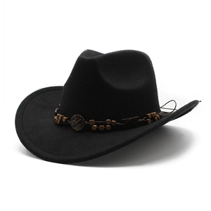 Western Cowboy Hat Felt Woolen Ethnic Decorative Band Wooden Beads Wide Brim Retro Outdoor Fedora For Men Women