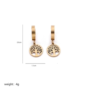 Detailed view of gold tree of life earrings showing 2.6cm height and 1.1cm pendant width