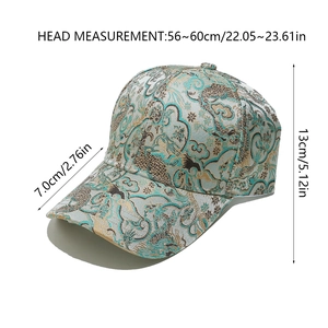 Detailed size guide of baseball cap with traditional jacquard patterns and dimensions