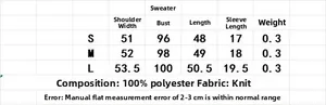 Size chart for women's short sleeve knit sweater with detailed polyester fabric measurements