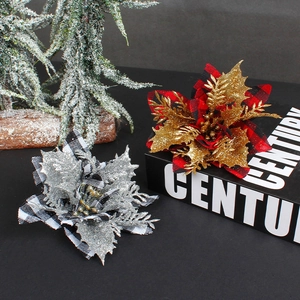 Christmas buffalo plaid poinsettia flowers with gold and silver leaves for tree decor
