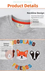 Macro detail of toddler sweatshirt neckline and woodland animal embroidery patterns