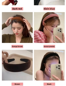 Collage of thick velvet headbands in deep red, blue, and brown colors for winter style