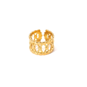 Close-up of golden titanium steel open ring with hollow geometric patterns and polished finish