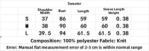 Size chart detail for knit cardigan and skirt set showing dimensions and polyester fabric info
