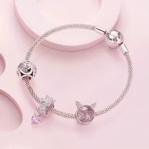 Pink opal cat paw print charm bracelet in 925 sterling silver with heart pendant