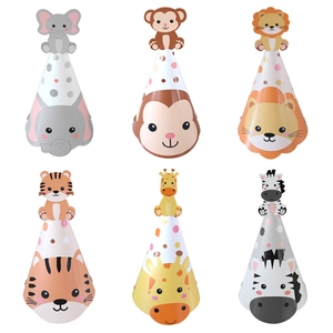Detail of 6-piece jungle animal party hats with 3D lions and elephants for kids