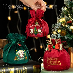 Christmas Gift Bag Velvet Drawstring Pouch Santa Claus Deer Antler Bow Holiday Party Candy Apple Packaging
