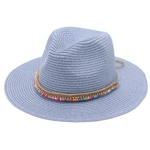 Light blue straw Panama hat with colorful beads and tassels for beach sun protection