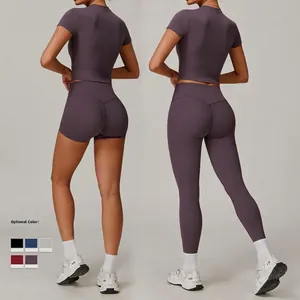 Women's seamless yoga set including cropped short sleeve top and high-waist sports leggings