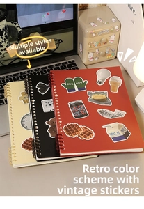 Detailed view of vintage-style spiral notebooks with colorful stickers and metal binding