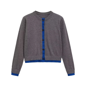 Women's crew neck long sleeve knitted cardigan in dark grey with blue contrast trim