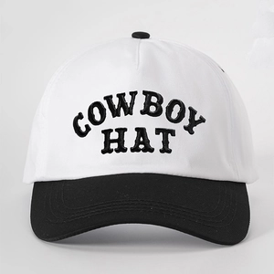 Classic white and black two-tone baseball cap with COWBOY HAT embroidery on the front
