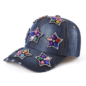 Baseball Kappe Denim Strass Stern Bunte Edelsteine Verstellbar Sonnenschutz Distressed Outdoor Schirmmütze Unisex