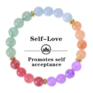 Multicolor natural crystal beaded bracelet with gold spacers and Self-Love card