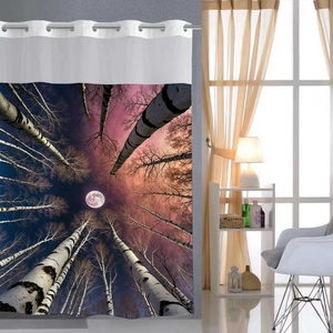 Detail of metal grommet header and purple birch forest printed blackout shower curtain