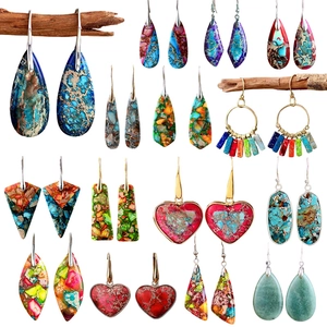 Bohemian Natural Emperor Stone Teardrop Dangle Earrings For Women Colorful Turquoise Marble Texture Geometric Jewelry