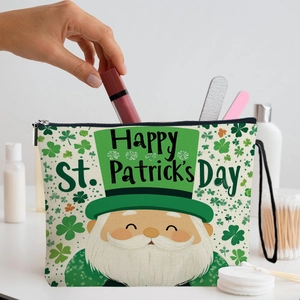St. Patrick's Day makeup bag with green clover pattern and leprechaun graphic zipper pouch