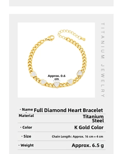 Detail of titanium steel gold bracelet with five paved heart charms and size specs
