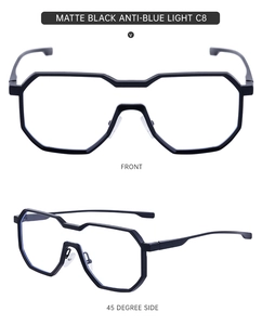 Detail view of matte black geometric frames with anti-blue light lenses and unique bridge