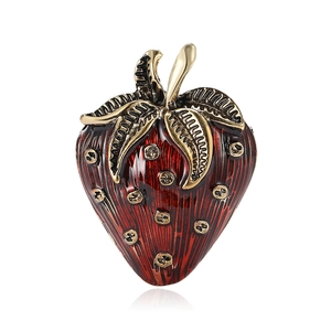Minimalist red enamel strawberry brooch in gold-plated alloy for women's blazers