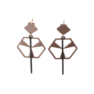 Modern geometric earrings in rose gold and black titanium steel with hollow pentagon charms