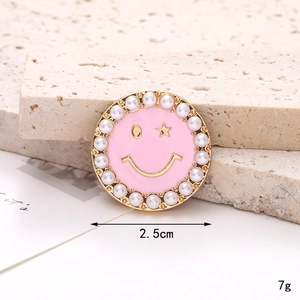 Pink enamel smiley face charm with pearls and star eye for shoes decoration, 2.5cm size